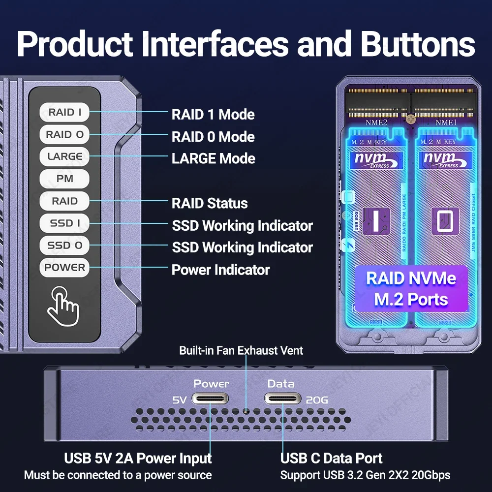 JEYI Dual Nvme Enclosure, 2-Bay Hardware RAID Enclosure, 20Gbps Transmission Speed SSD Case, Support RAID0/ RAID1/ Large/ JBOD