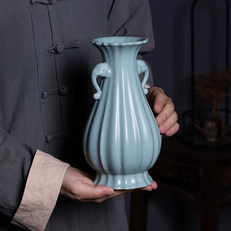 Longquan celadon elephant ear vase ceramic vase antique Ru porcelain ornament high-end gift box