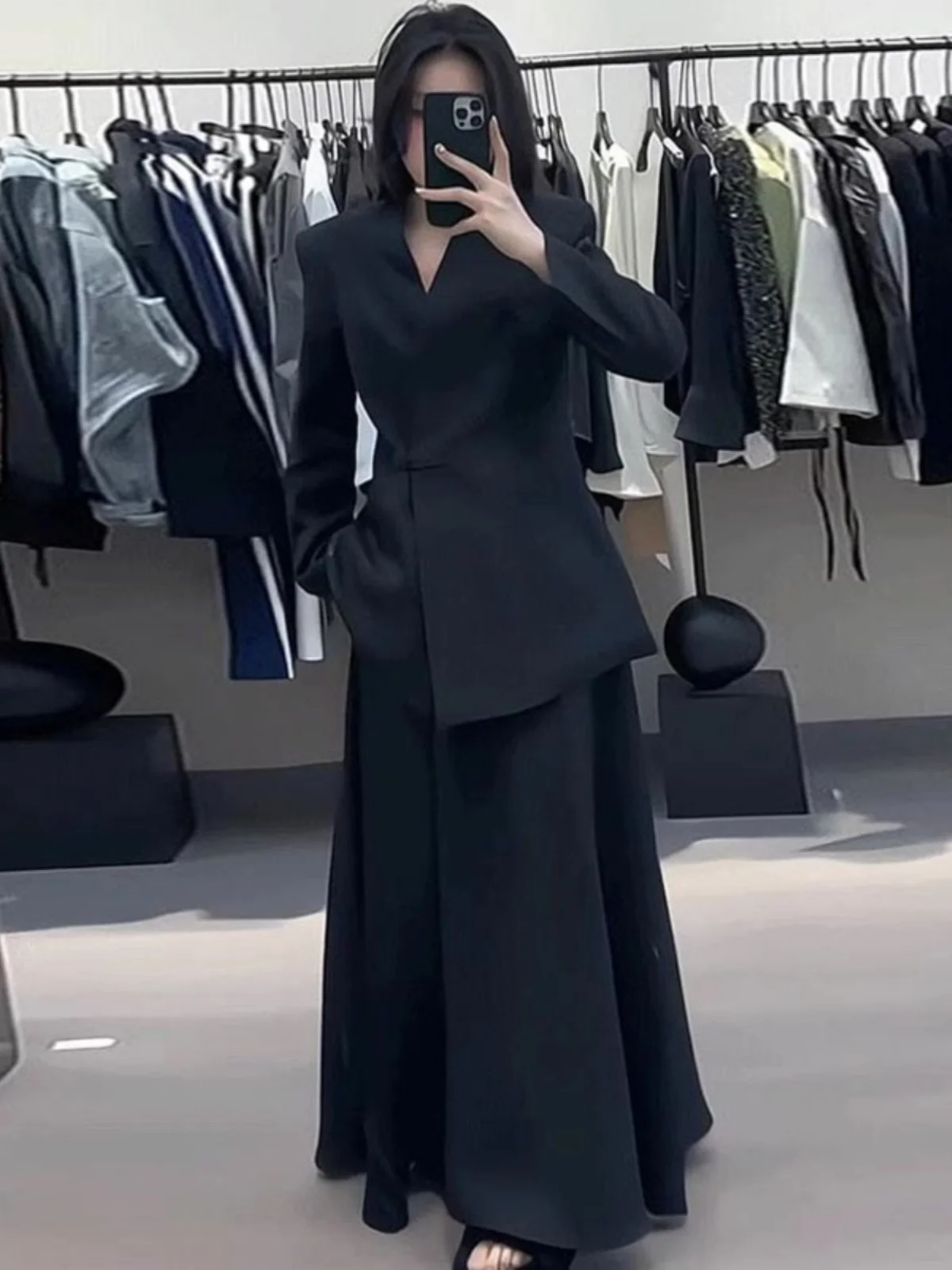 

Fashionable Minimalist Chinese Style Women's Suit Set V-Neck High Waist A-Line Long Skirt Two-Piece Spring Outfit