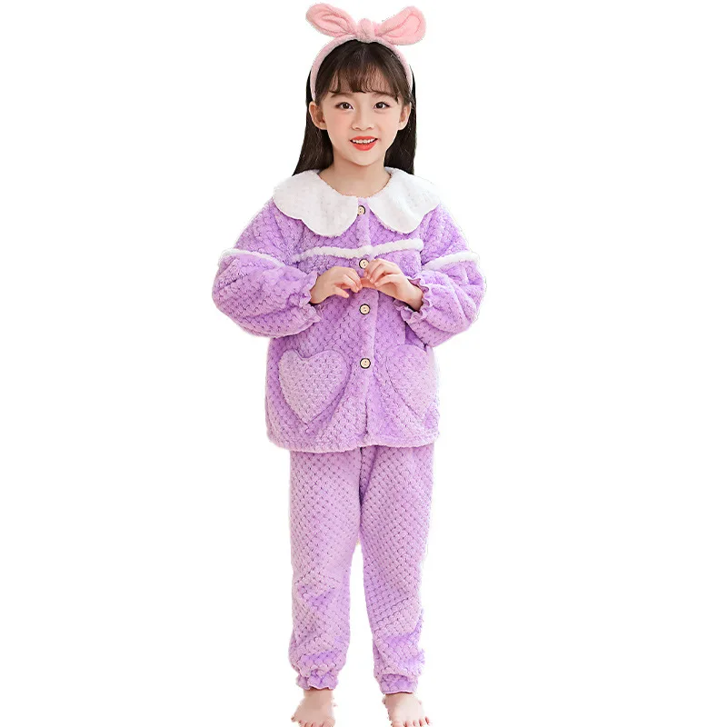 2 Teile/satz kinder winter gepolsterte und verdickte warme pyjamas einfarbig strickjacke mädchen homewear waschlappen lange ärmeln lange pfanne