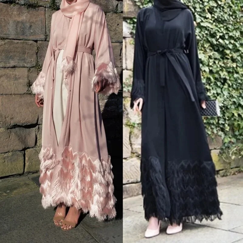 Elegant Thick Fluffy Lace Tassel Abaya Muslim Dress Full length Dubai Female Flare sleeve Islamic Dress wy1333 dropshiping