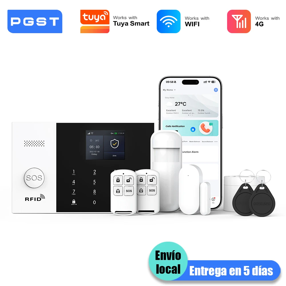 PGST alarma antirrobo inteligente WiFi 4G Works with Tuya Smart Life sistema seguridad inalámbrico hogar apartamento control remoto app sensores puerta ventana instalación rápida sin tarifas adicionales