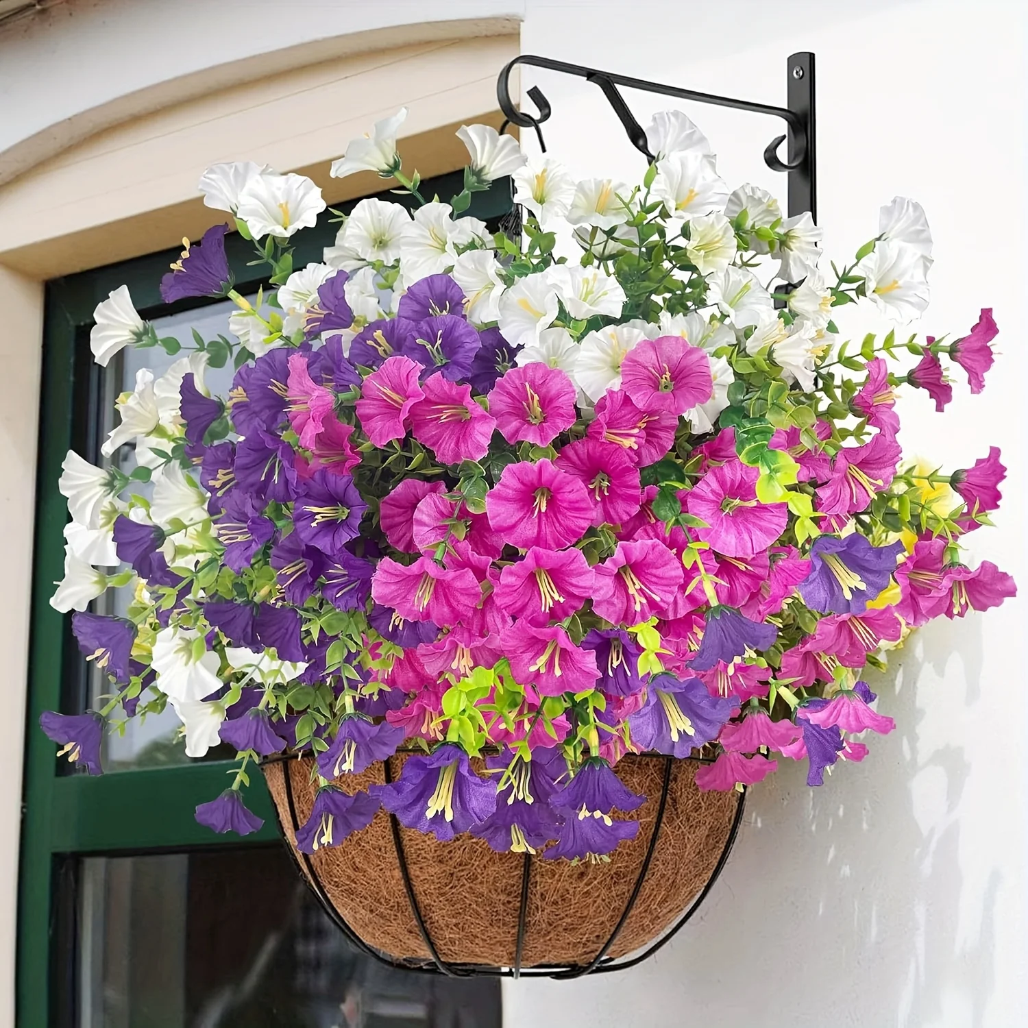 

6 пакетов искусственных цветов эвкалипта Morning Glory в ассортименте случайных цветов, наружные водонепроницаемые реалистичные искусственные растения в ярких фиолетовых, розовых, белых и зеленых, высококачественный пластик подходит для балкона, террасы, 