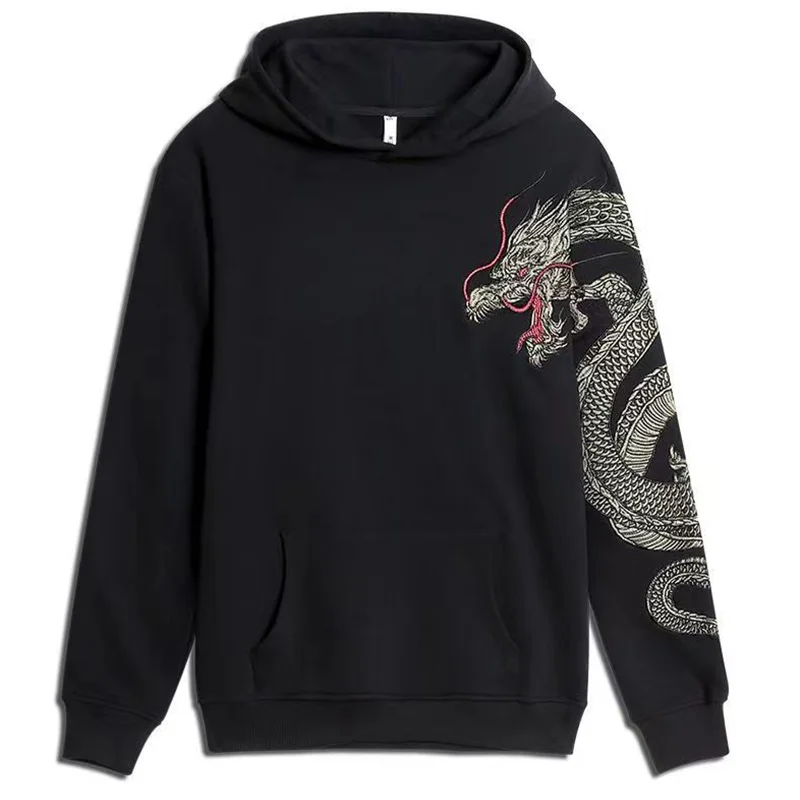 

Dragon Embroidery Men 100% Cotton Black Hoodies Chinese Style Unisex Hooded Sweatshirts Casual Hoody