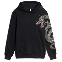 Dragon Embroidery Men 100% Cotton Black Hoodies Chinese Style Unisex Hooded Sweatshirts Casual Hoody