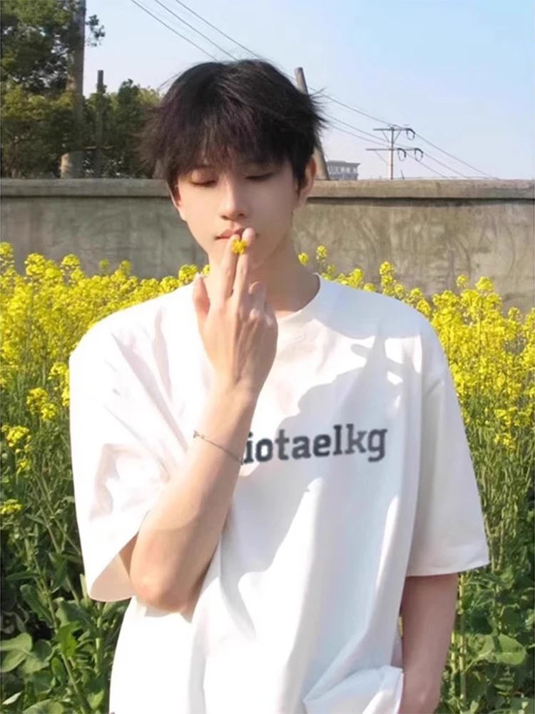 

Белая футболка с принтом и надписью для мальчиков, летняя, молодежная, в американском стиле, из плотной ткани, с маленьким воротником, свободного кроя, повседневная