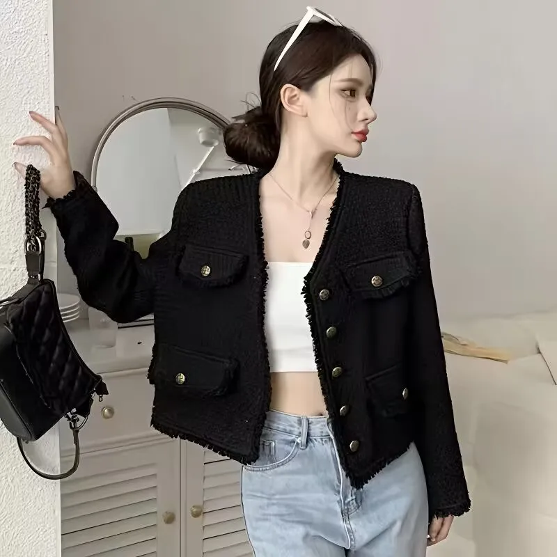 

Spring Autumn Women Fashion Round Neck Short Outwear Ladies Thin Style Jacket Female Long Sleeves Rough Flowers Tops Coat