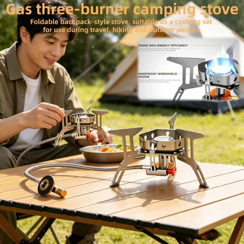 

Triple-burner gas stove, portable backpack-style camping stove, lightweight cooking utensil kit for travel hiking and picnic
