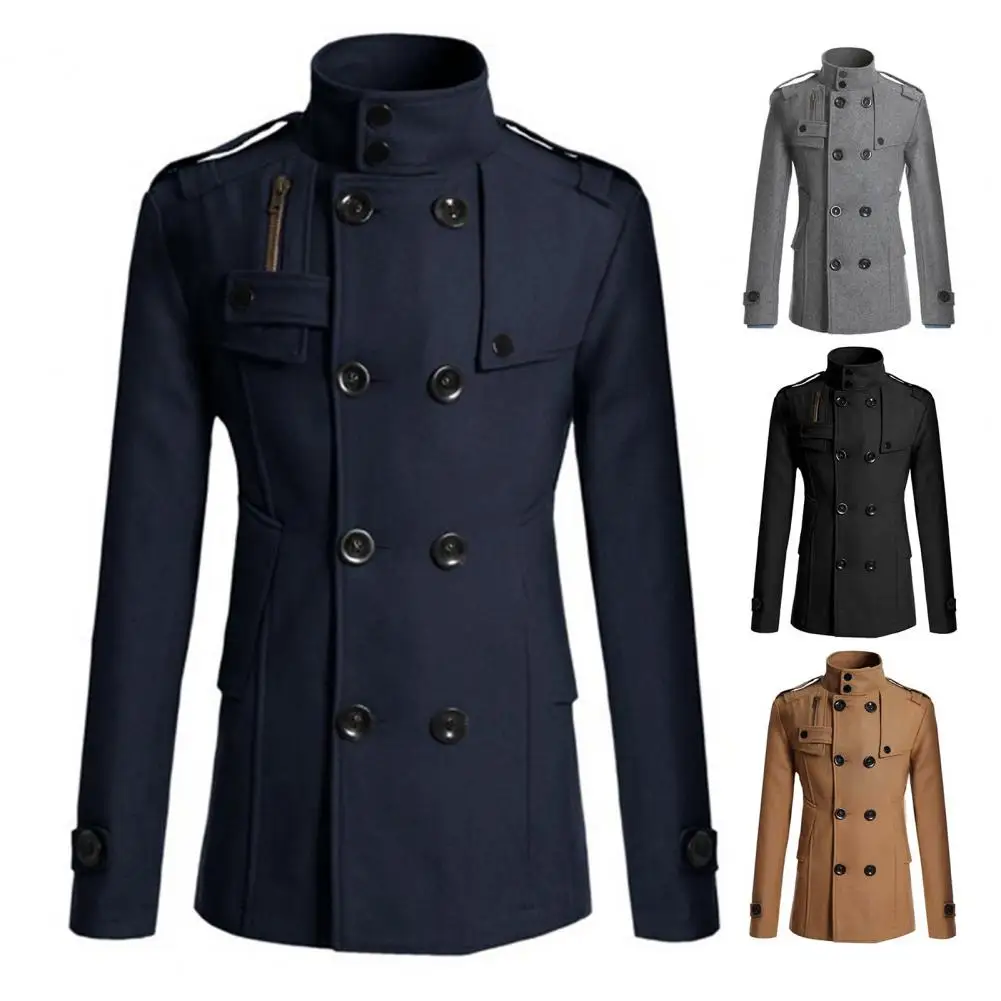 معطف رجالي جديد لعام 2025 للذكور بدلة طويلة سترة واقية معطف رجالي بجيوب إغلاق مزدوجة الصدر بلون سادة ملابس خارجية متوسطة الطول #4