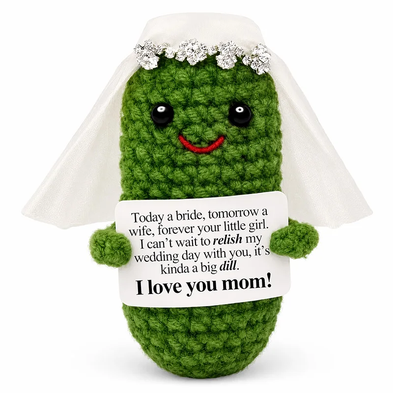 Positive Crochet Cucumber With Veil Doll Funny Handmade Creative Gift Ornaments DIY Crochet Doll with Yarn for Birthday Decor