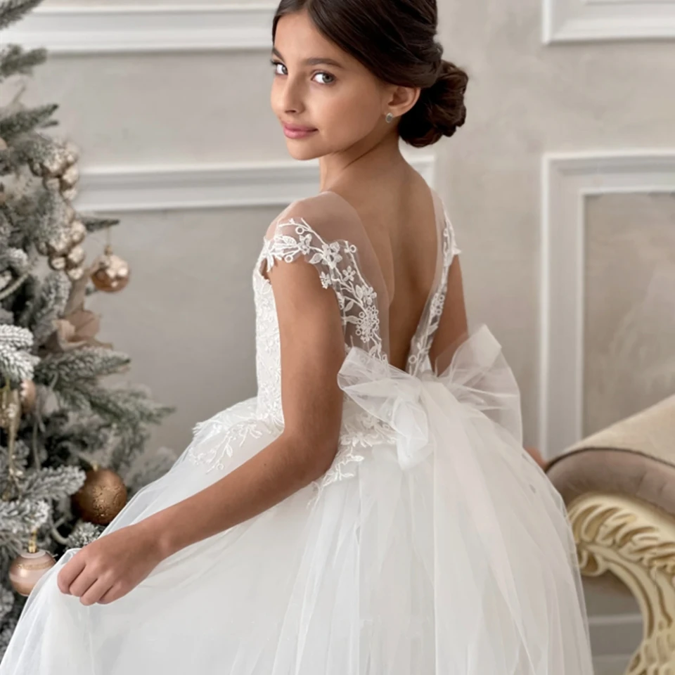 Elegant White Tulle Puffy Flower Girl Dresses For Wedding Party Princess Lace Appliques Ball Gown Kid First Communion