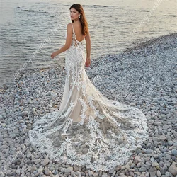 Vestidos de novia de sirena Sexy para mujer, Apliques de encaje, cuello en V, vestido de fiesta de boda, vestidos de novia de playa Boho, vestidos hechos a medida