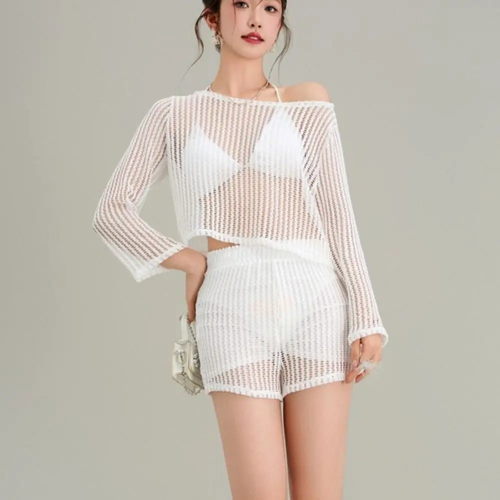 Loose Long Sleeve Swimsuit Pullover Hollow Out Crochet Knit Bathing Suit Beachwear Sun Protection Three Pieces Set Swimwear