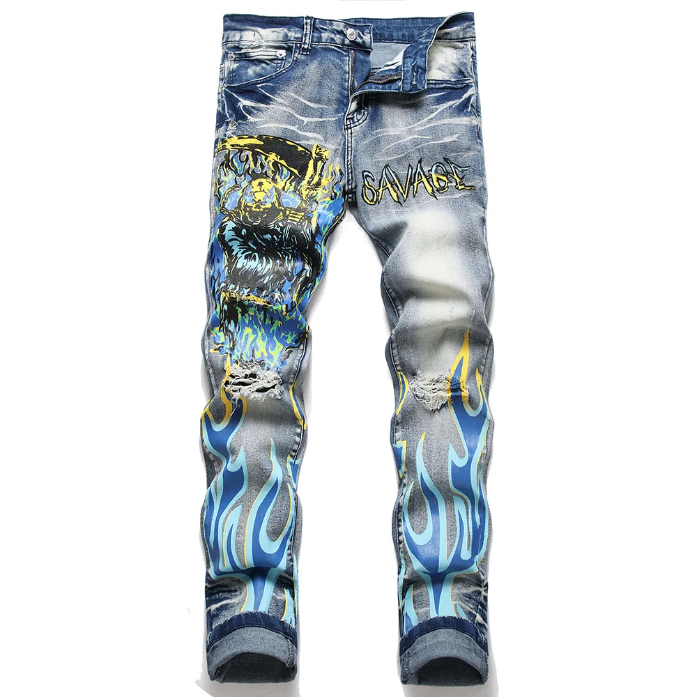 Men Print Stretch Denim Jeans Fashion Flame Savage Pattern Pants Holes Ripped Distressed Blue Slim Tapered Trousers