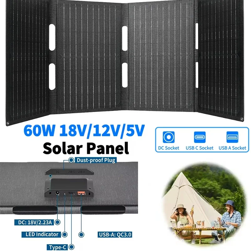 4-fach 60 W faltbares Solarpanel IP65 ETFE Tragbares Solarpanel zum Aufladen der Solarzelle für Handy, Laptop, Rucksackreisen, Camping, Wandern