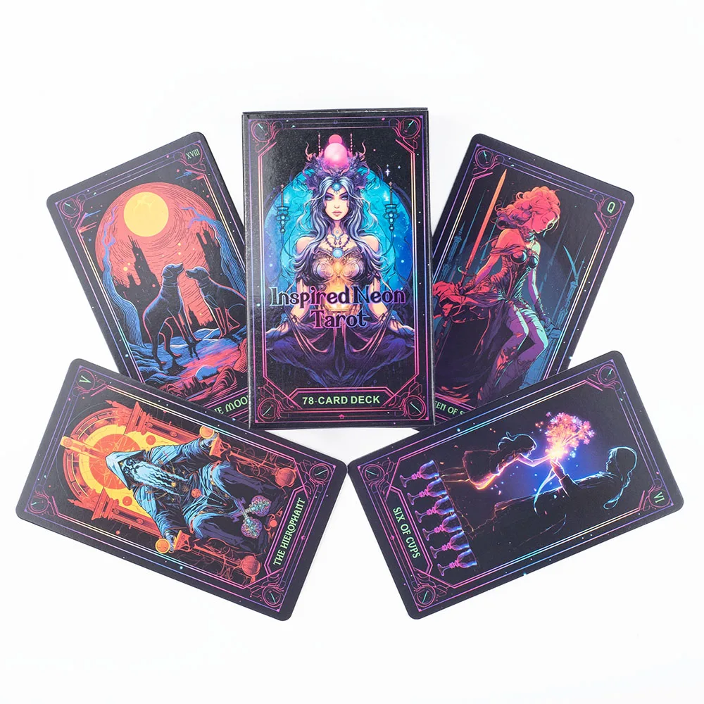nspired Neon Tarot A 78-Card Deck English Visions Entertainment Game Card Family Gathering Divination Deck Board Games 10.3*6Cm