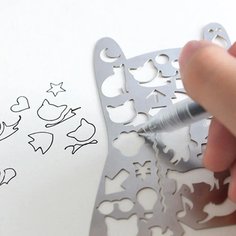Handbook Ruler Stainless Steel Painting Templates Cats Hollow Drawing Stencils for DIY Crafts Scrapbooking School Projects
