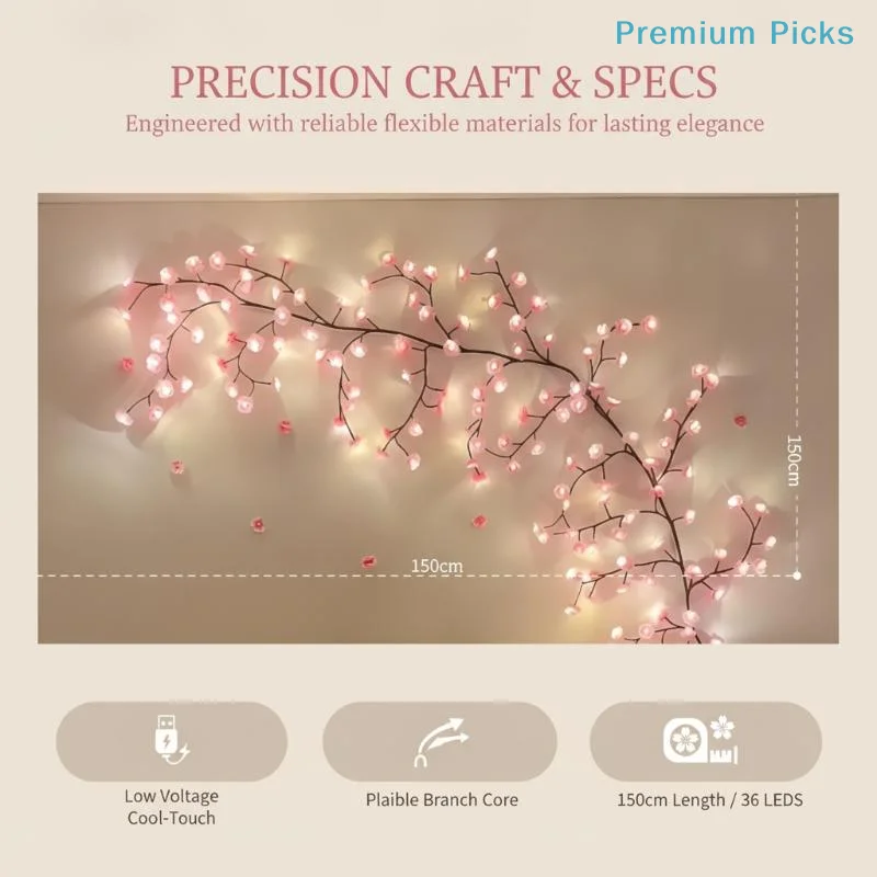 portable8 Modes USB 5V Cherry Blossom Vine Fairy Lights Artificial Flower String Light for Patio Bistro Night Decor