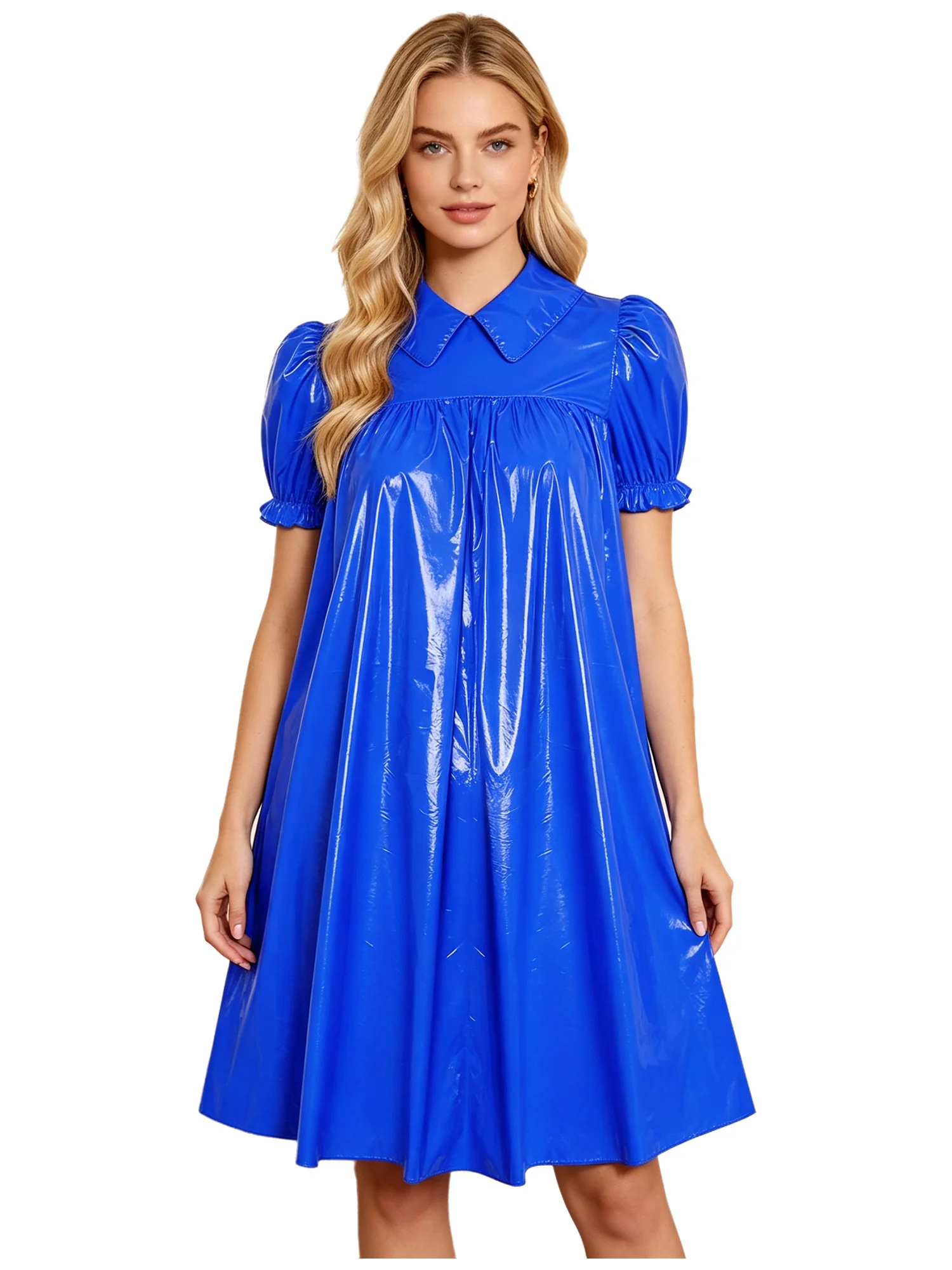 Wasserdichtes Vinyl-Schlafkleid für Damen mit Puffärmeln, Empire-Taille und Revers, Nachthemd für Regency- und viktorianische Cosplay-Partys