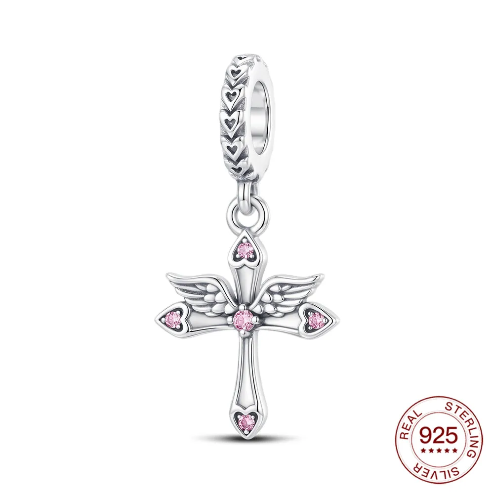 New 925 Sterling Silver Charms Pink Angel Wings Cross Pendant Jewelry Making For Original Bracelet Ladies Jewelry DIY Gifts