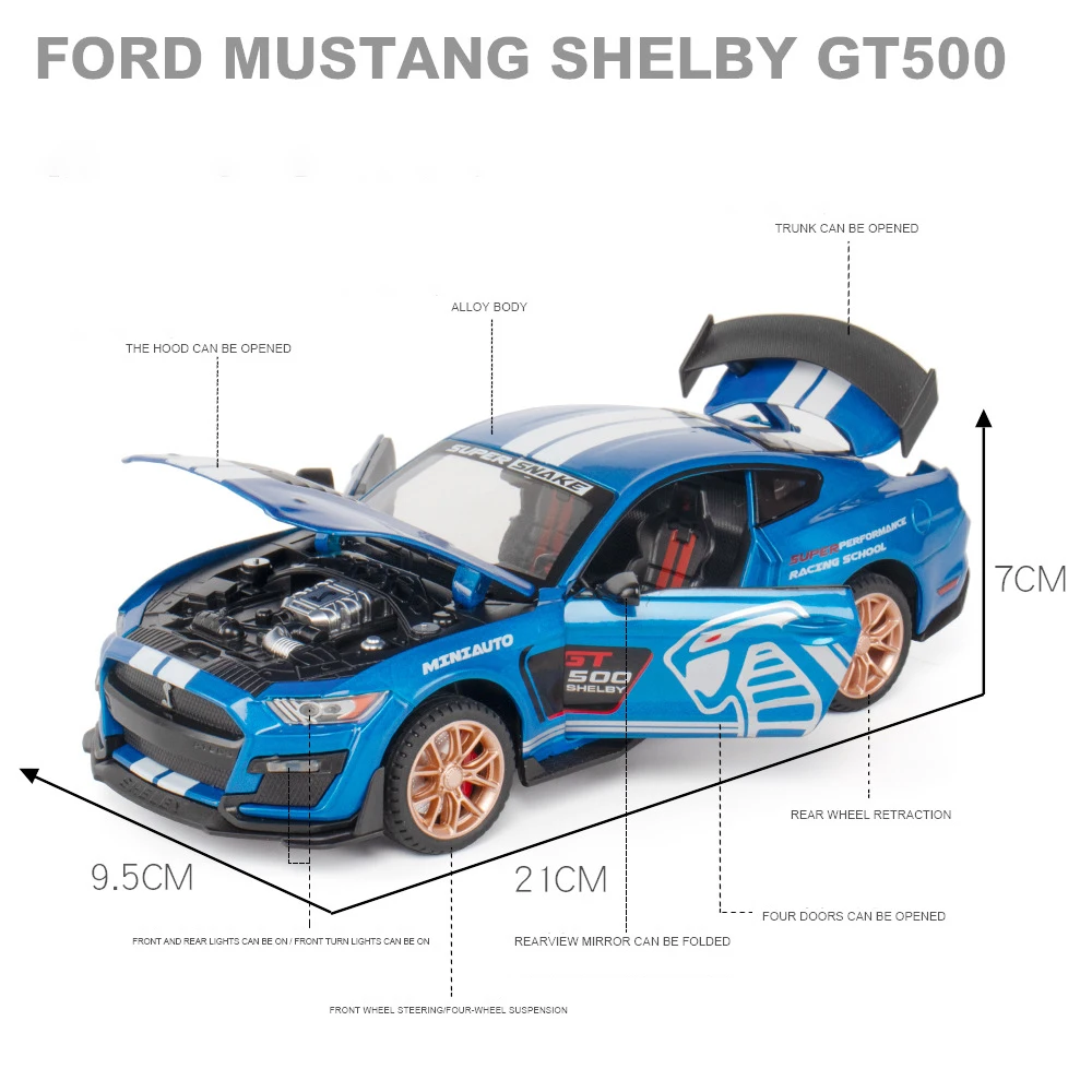 1:24 Ford Mustang Shelby GT500 Alloy Muscle Car Model Sound and Light Pull Back Children\'s Toy Collectibles Birthday gift