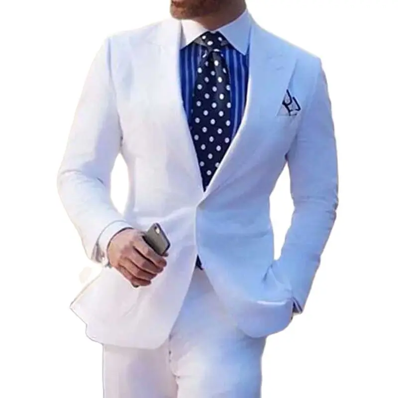 White Men Suits Slim Fit With Wide Peaked Lapel For Wedding Dinner Party Groom Tuxedos 2 Pieces Male Fashion Jacket Pants