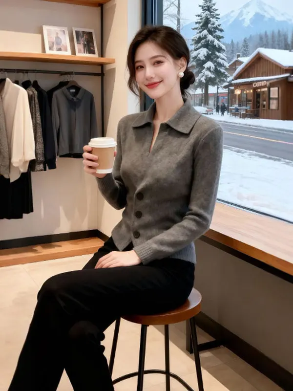 

Корейский вязаный свитер с V-образным вырезом, облегающий, женский, зимний, модный, повседневный, с длинными рукавами, на пуговицах, с эффектом похудения