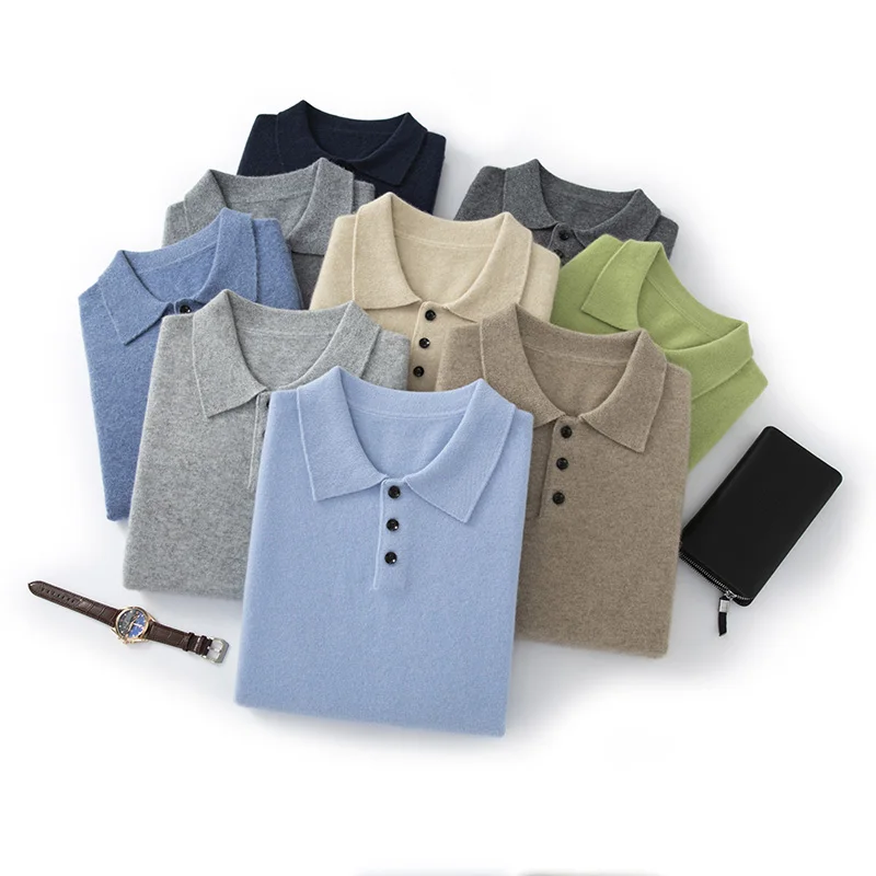 Men's 100% Cashmere Polo Shirt Autumn Winter Knitted Casual Loose Long-Sleeved Sweater Versatile High-Quality Men's Clothing Top view 4