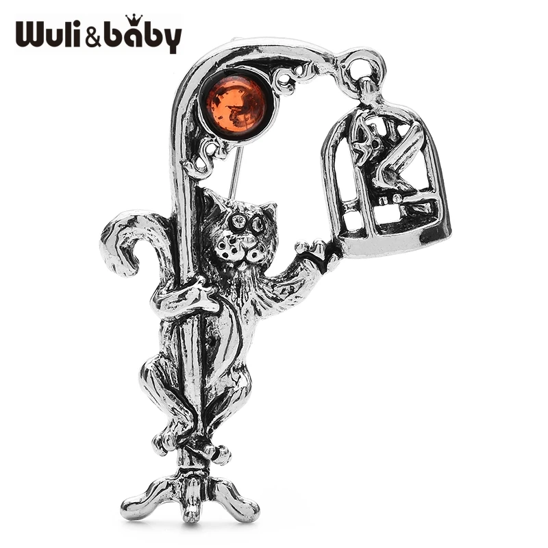 Wuli&baby Vintage Naughty Cat Brooches 2-color Metal Catch Bird Cat Animal Brooch For  Women's Clothes Bag Pins Gifts