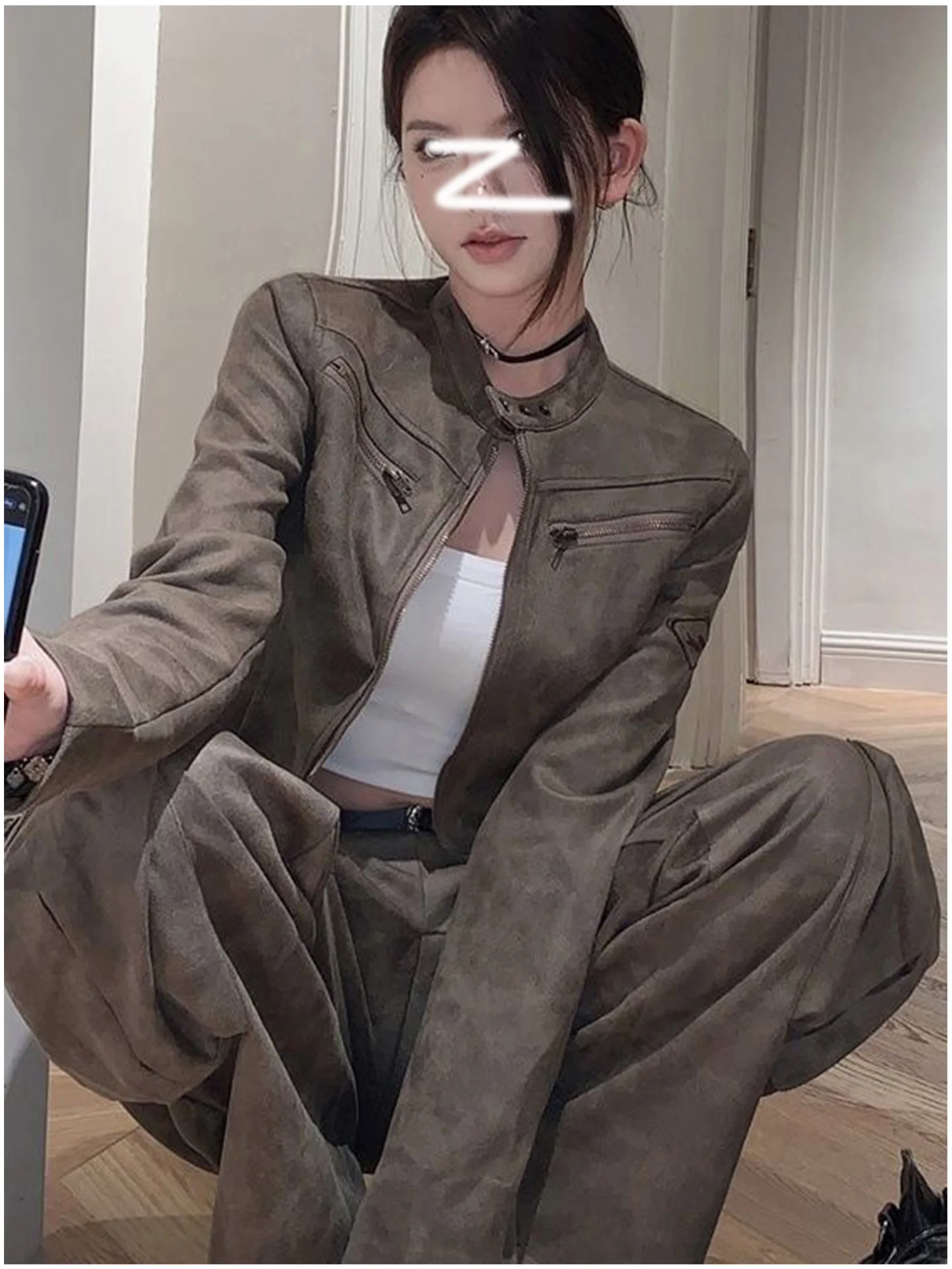 Retro Brown Suede Leather Jaet Women's ort Motorcycle Sle Outerwear Fall Season Faionable Commute Wind Regular Sve