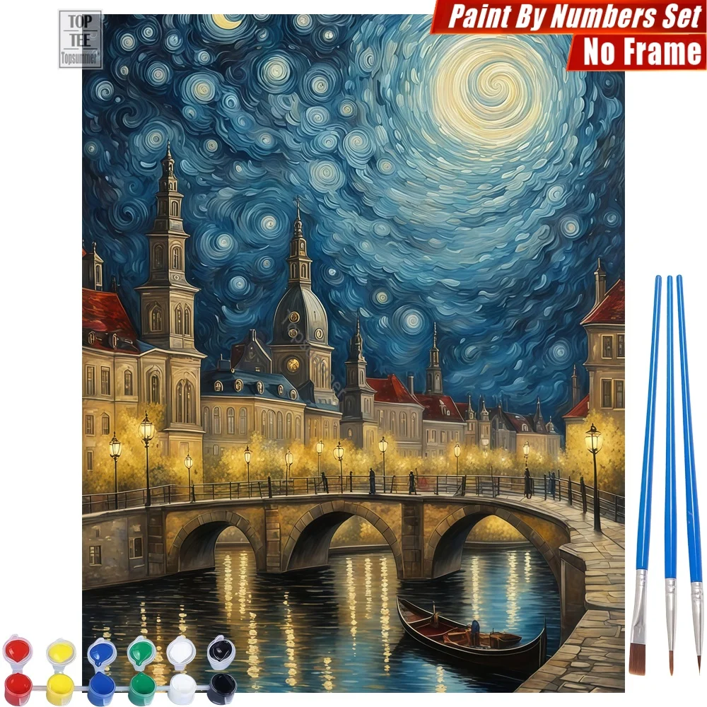 

Starry Night Bridge DIY Paint By Numbers Set - Bridge River VanGogh Wall Art Home Decor Easter Gift For Colleague