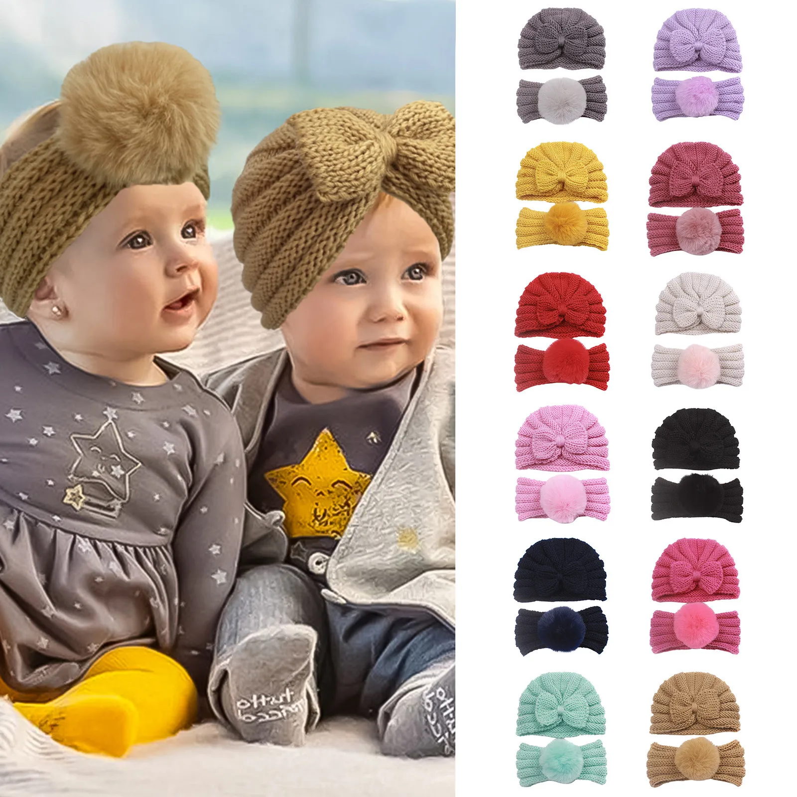 Autumn Winter Baby Warm Hat Knitted Big Bow Knot Baby Turban Hat Elastic Kids Newborn Beanie Cap for 0-2 Year Boys Girls Bonnet