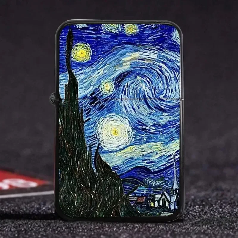 Van Gogh Oil Painting Starry Night Kerosene Lighter Metal Creative DIY Customized Cigarette Accessories Men's Gift Wholesale