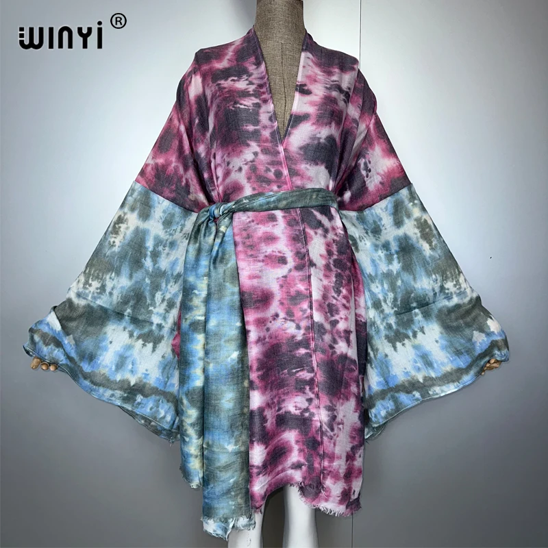 

WINYI tie-dye kimono boho cardigan beachwear evening dress abaya dubai luxury cover-ups beach outfits women maxi coat kaftan