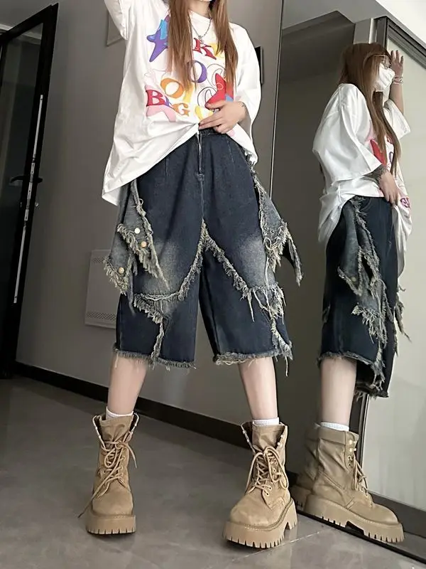 American Retro Raw Edge Design Denim Shorts for Men and Women Loose Niche High Street Cropped Pants for Summer
