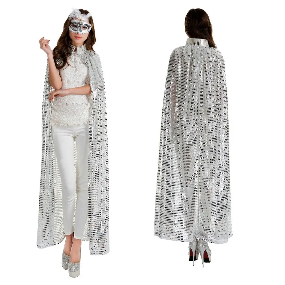 New Long Shiny Sequin Cape Fantasy Vintage Halloween Cosplay Robe Lightweight Stand Collar Shiny Cloak Women