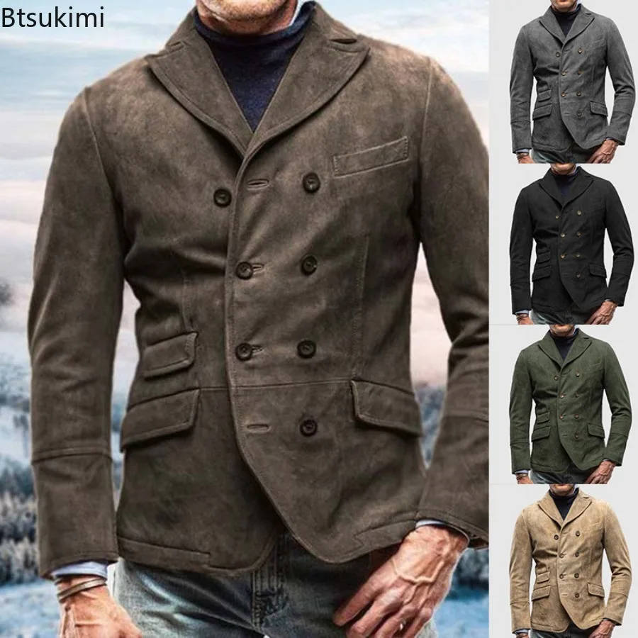 

2025 Spring Autumn Men's Clothing Double Breasted Design Vintage Casual Jacket Blazers Fashion Turn-down Collar Solid Coats Male