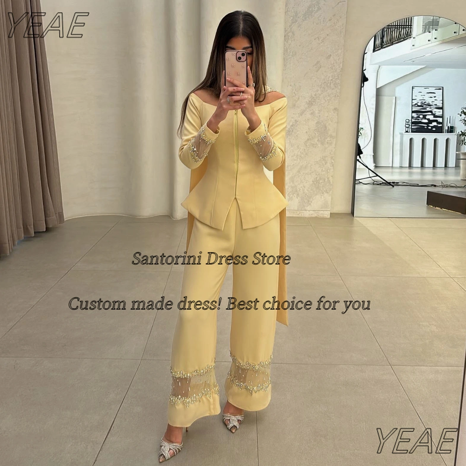 

Санторини из двух частей платья для выпускного вечера с длинными рукавами спереди на молнии сзади вечерние платья брючные костюмы Vestidos Des Fiesta по индивидуальному заказу