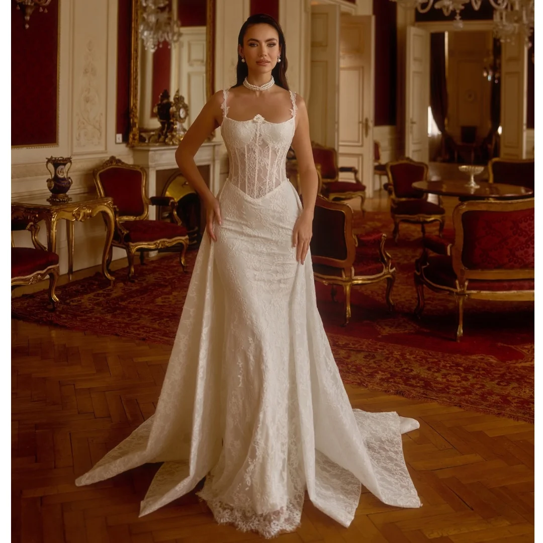Mermaid Wedding Dresses with Over Skirt Sweep Train Lace Bride Dress Plus Size Formal robe de mariée Customized