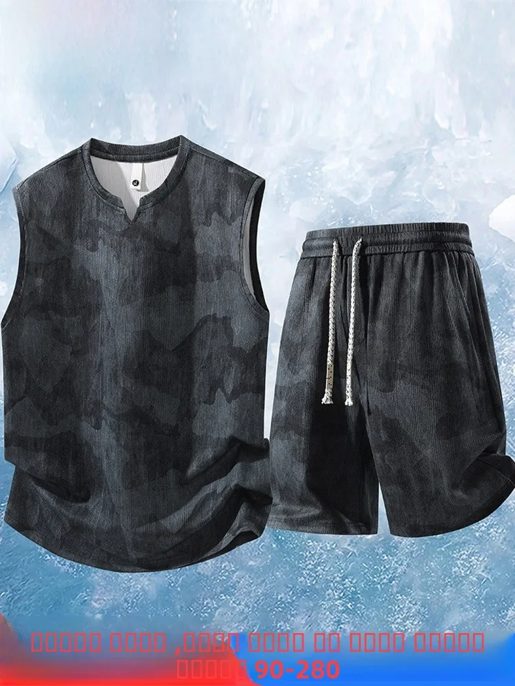 

Мужской летний спортивный костюм MoChao большого размера: новая свободная модная майка и шорты из полиэстера для ощущения прохлады