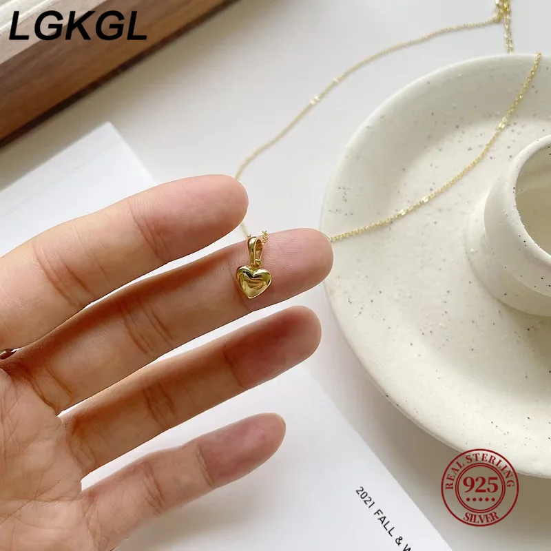 LGKGL S925 Sterling Silver 14K Gold Plated Heart Necklace Smooth Surface 3D Heart Pendant Lockbone Chain for Women