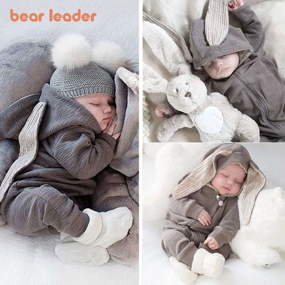 Bear Leader Boys Long Sleeved Clothing Baby Children\'s Big Ears Rabbit Bodysuit Girl Baby Hooded Zipper Creeper Romper