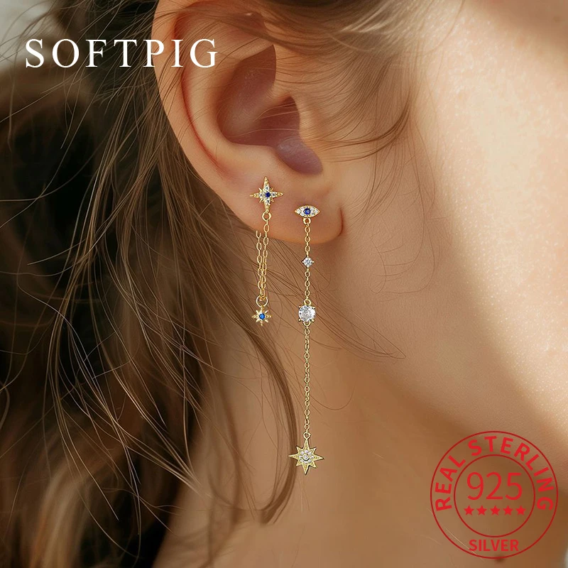 

SOFTPIG 1 Pcs Real 925 Sterling Silver Sun Star Zircon Tassels Stud Earrings for Women Cute Fine Jewelry 18K Gold Accessories
