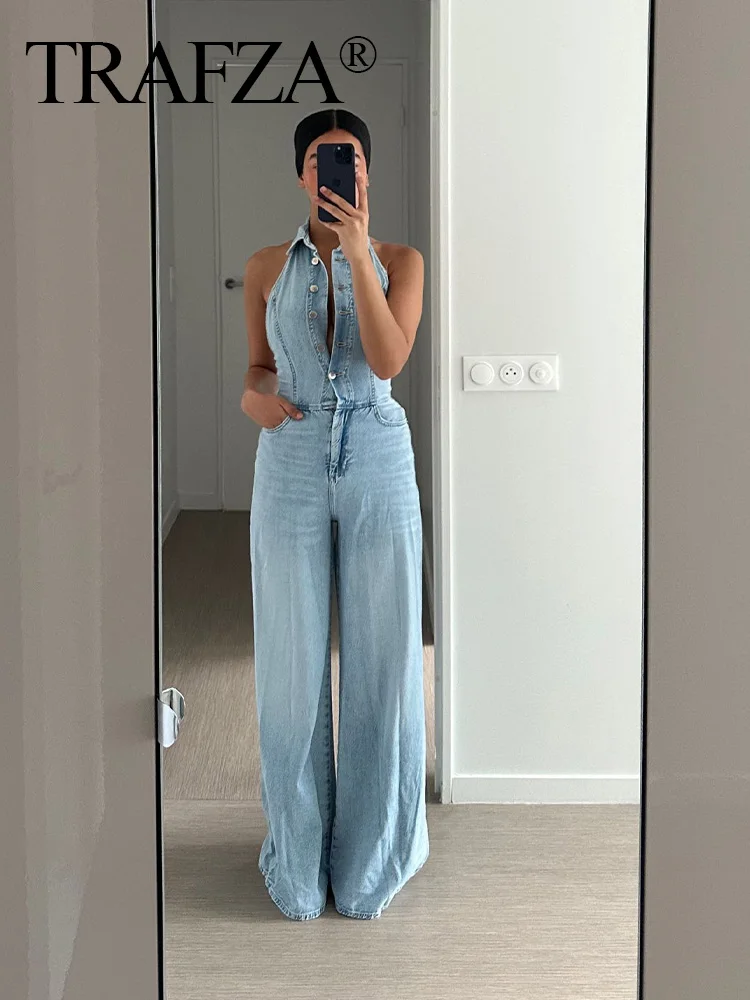 TRAFZA 2024 Female High Street Jumpsuits Denim Blue Sleeveless Backless Pockets Single Breasted Summer Jumpsuit Women Trendy
