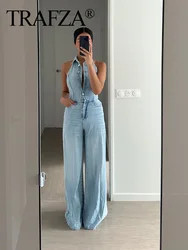 TRAFZA ​​2024 Female Jumpsuit Denim Blue Sleeveless Backless Pockets Single Breasted Trouser High Street Woman Wide Leg Rompers