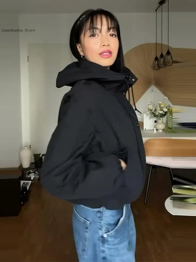 Drawstring Hooded Design Button Closure Pockets Elastic Cuff Female Short Coat Cozy Autumn Ladies Women's Jacket Coat