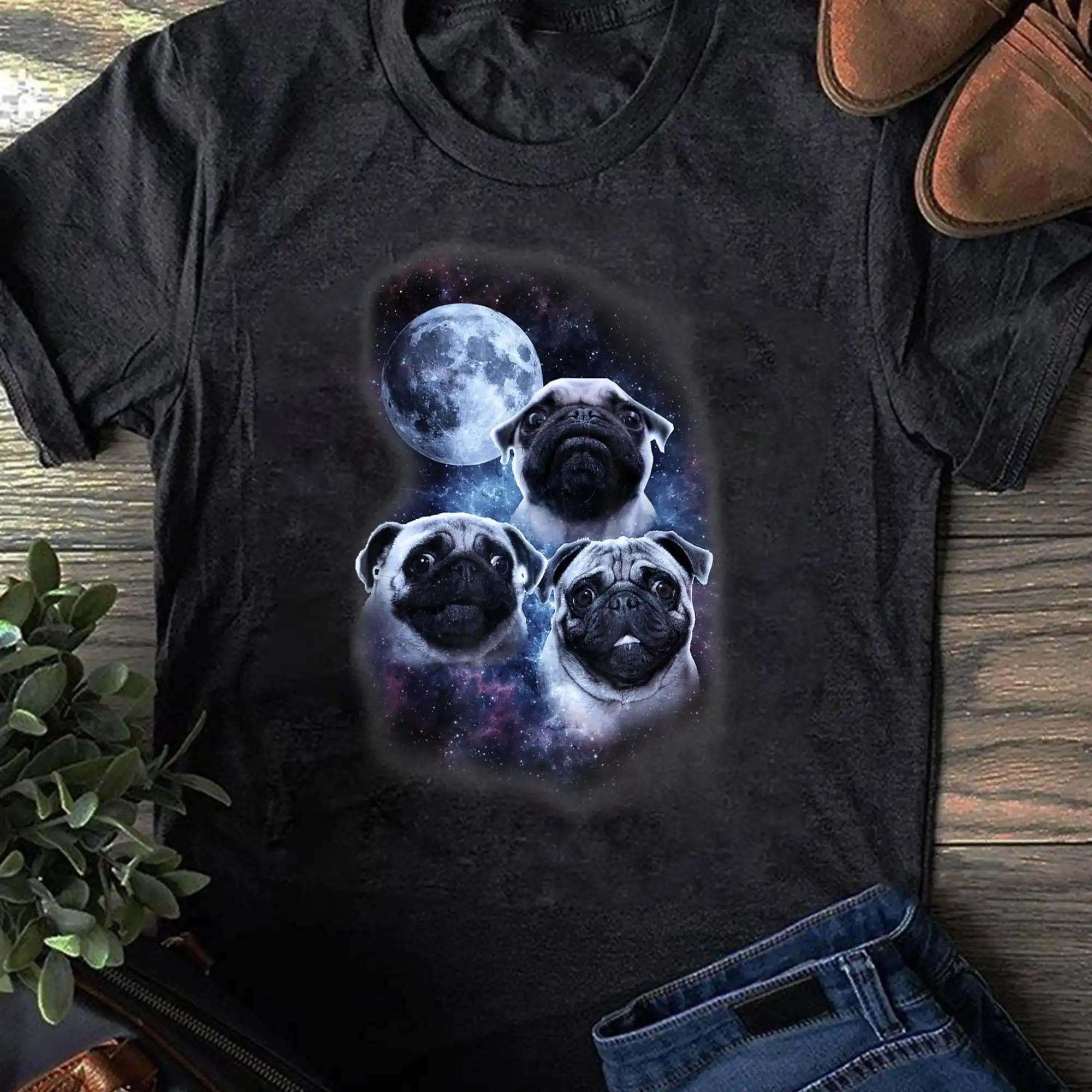 Cute pug design in space full moon stars milky way T Shirt for Dog Lovers Funny Mom Mother's Day