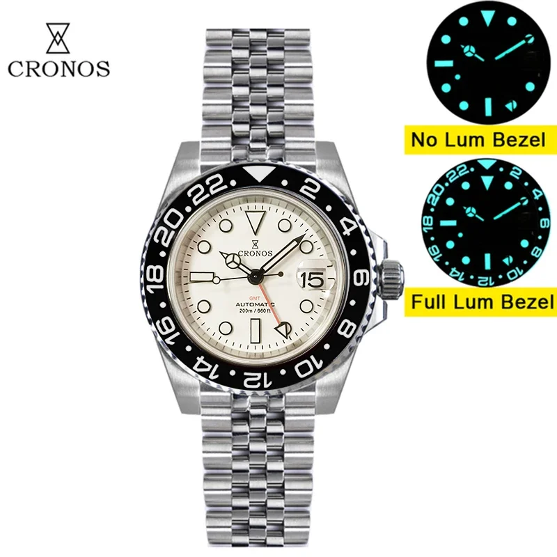 Cronos L6020 Man Watch Bidirectional Bezel Sapphire 200m Stainless Steel Bracelet BGW-9 GMT NH34 Automatic Mechanical Wristwatch