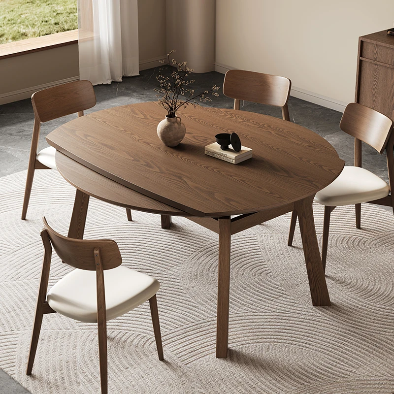 Medieval style all-solid wood retractable dining table variable round table living room household small apartment ash wood
