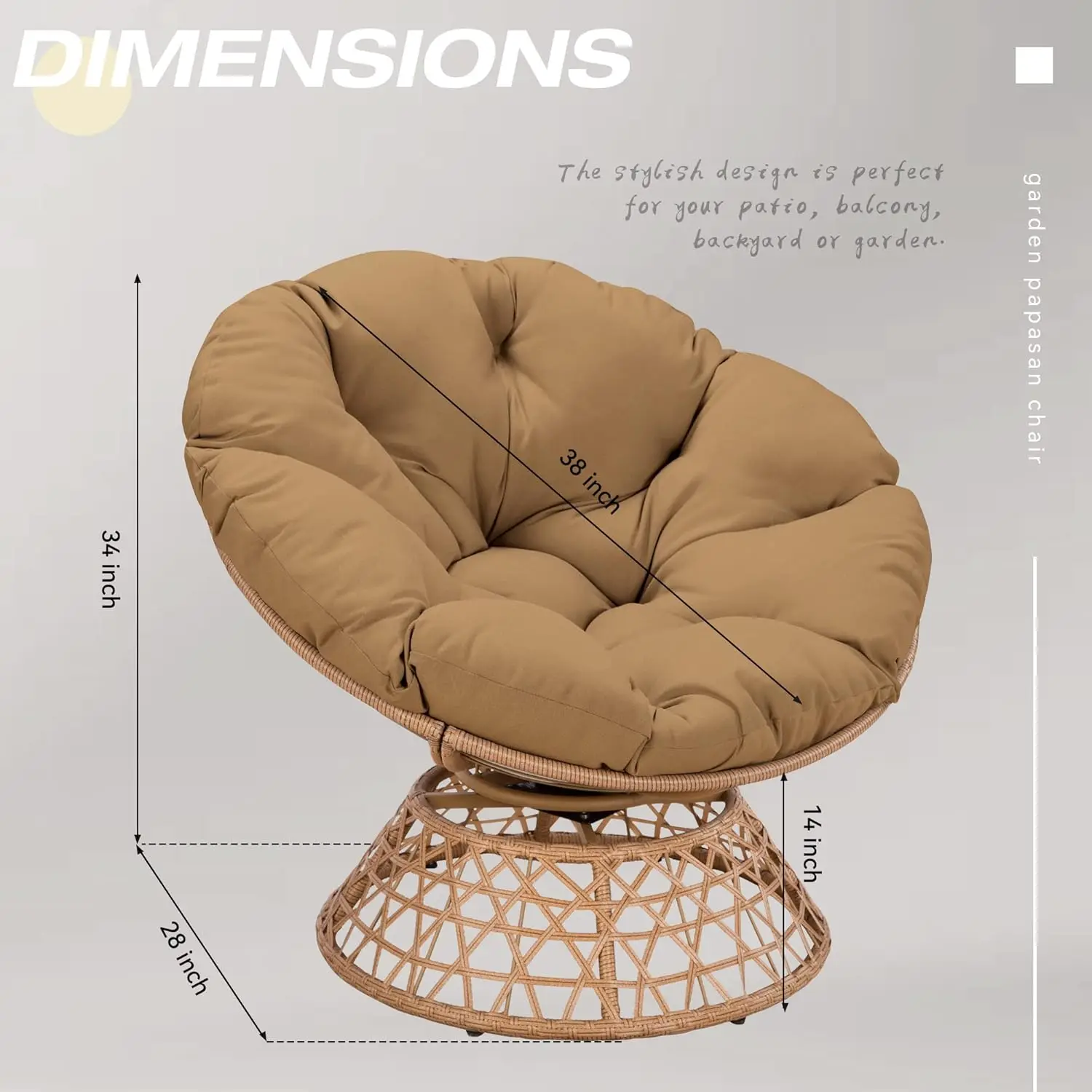 Chair with Cushion and 360° Swivel Base, 36'' Wicker Papasan Lounge Chair with Cushion and Sturdy Frame, Large Saucer Chair,